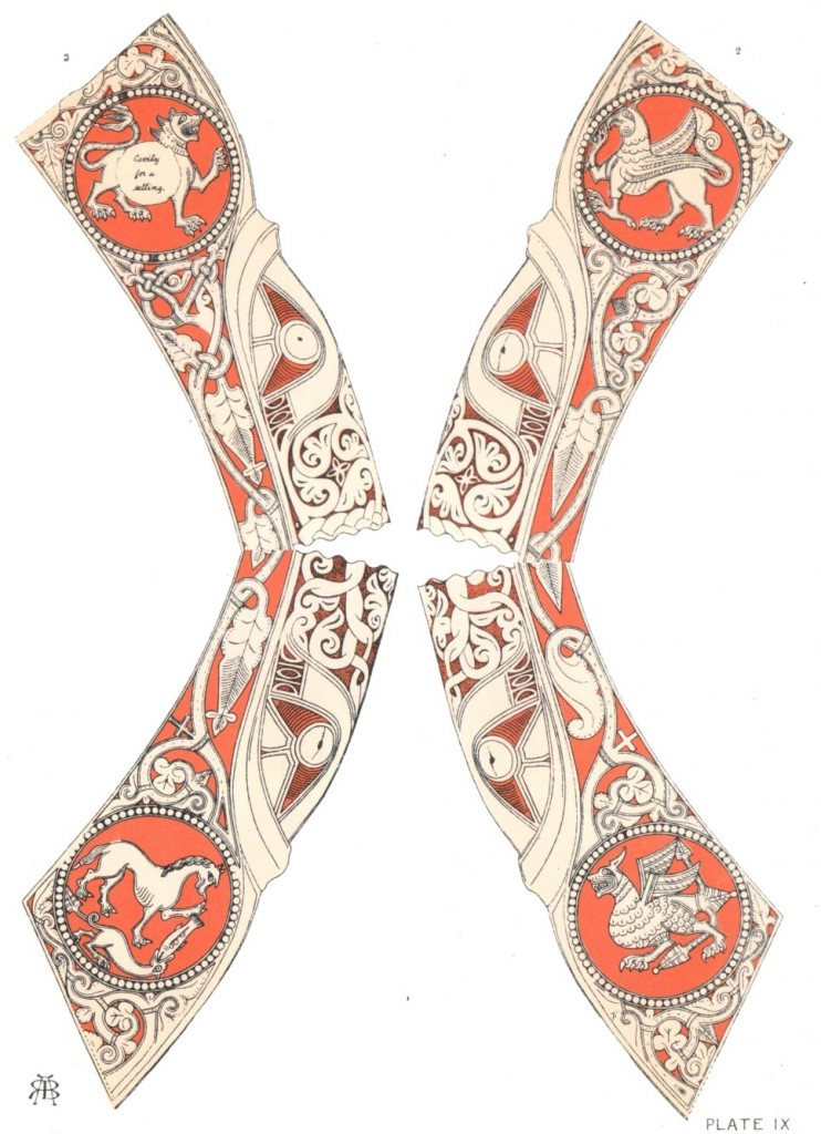 Forepillar decoration on the Queen Mary harp. Cropped from Robert Bruce Armstrong, The Irish and Highland Harps, 1904