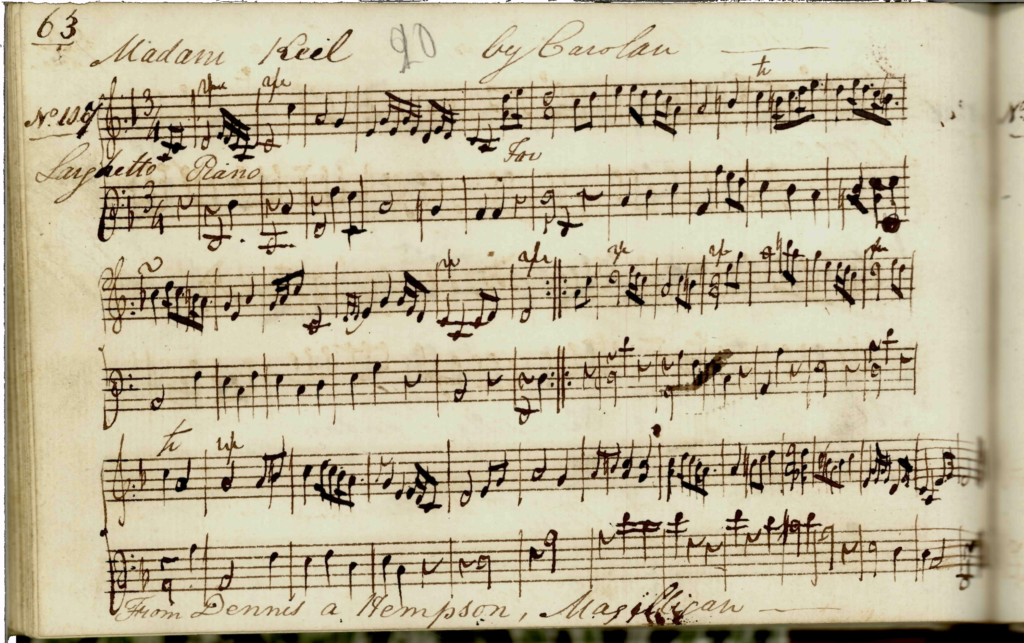 Eleanor Plunkett: Edward Bunting's classical piano arrangement of the tune, titled Madam Keil, 1798, Queen's University Belfast, Special Collections MS4.33.2 p.62