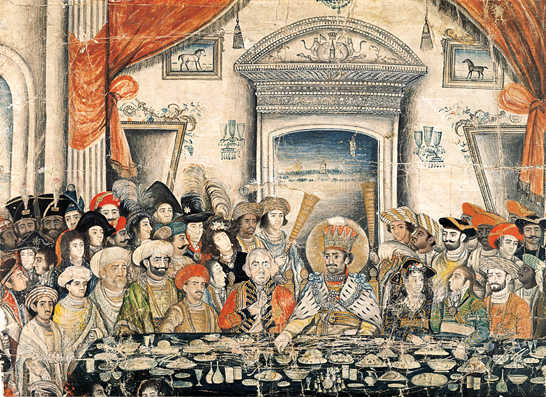 Ghazi ud-Din Haidar, seventh Navab (1814-27), entertains Lord and Lady Moira to a banquet in his palace Opaque watercolour, 1820-22