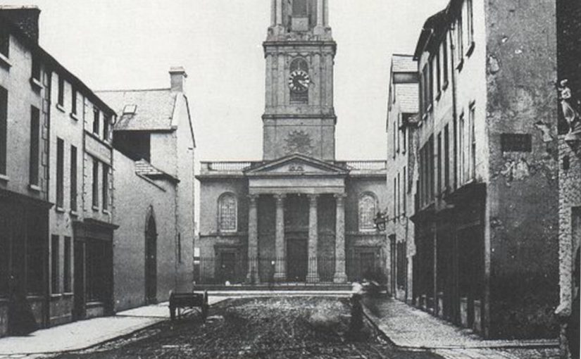 19th century photograph of St Anne's Church, Belfast, from Church Street (where Writer's Square is now)