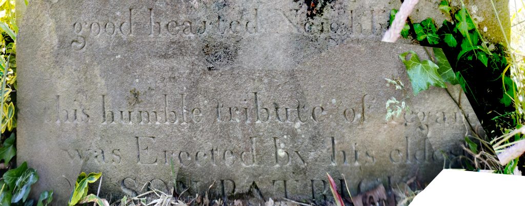 Composite mosaic showing the half-buried bottom of Thomas Byrne’s gravestone